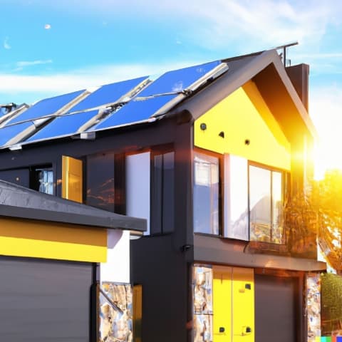 Casă cu etaj, galbenă cu negru, cu panouri solare pe acoperiș