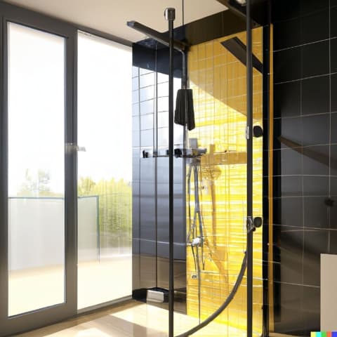 Cabină de duș modernă. cu faianță galben cu negru