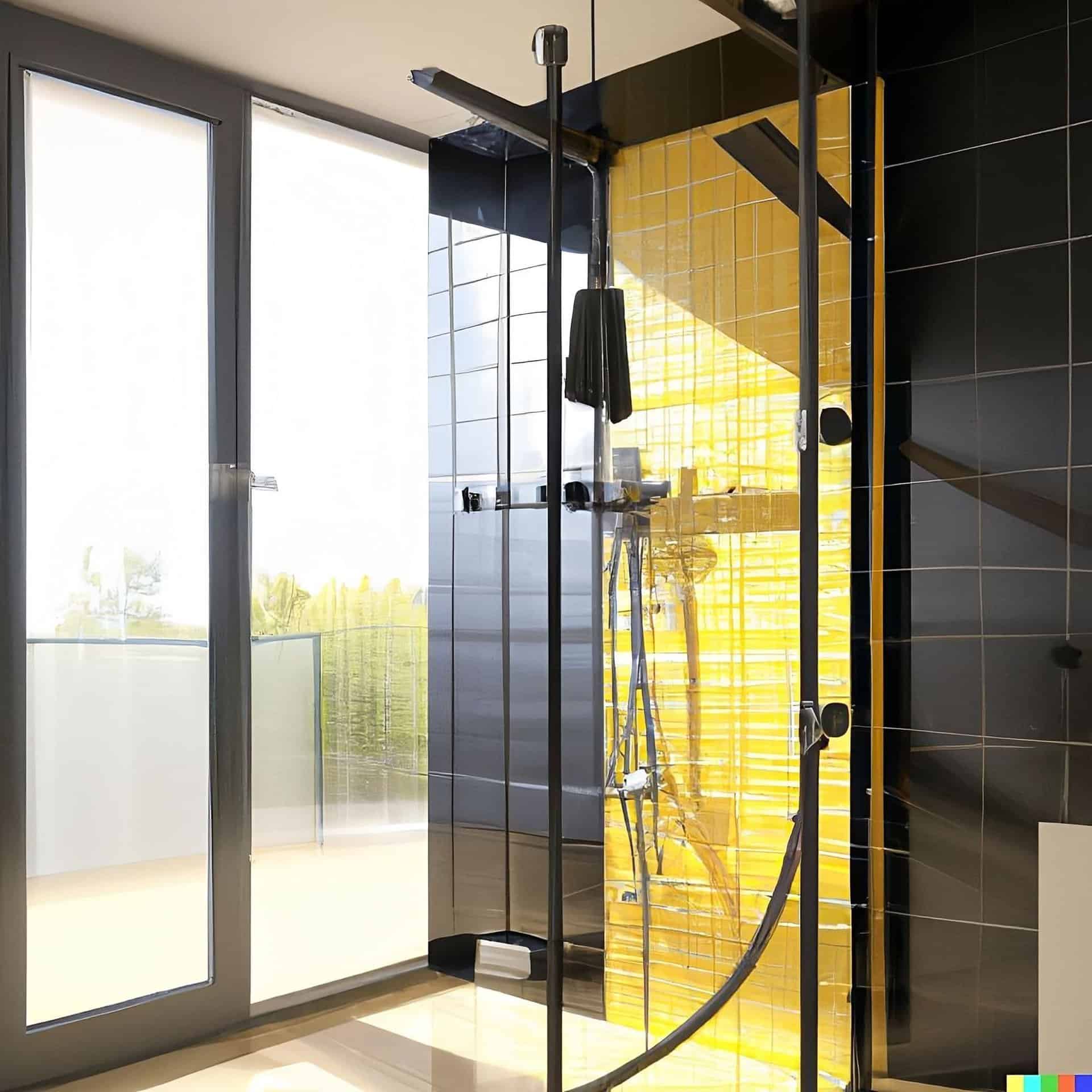 Cabină de duș modernă. cu faianță galben cu negru