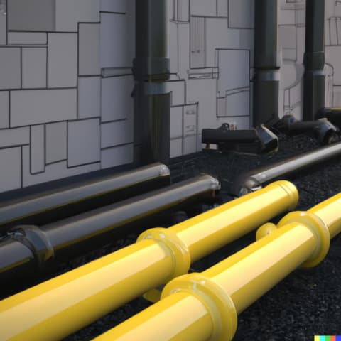 Țevi de canalizare negre și galbene, lângă un perete de piatră